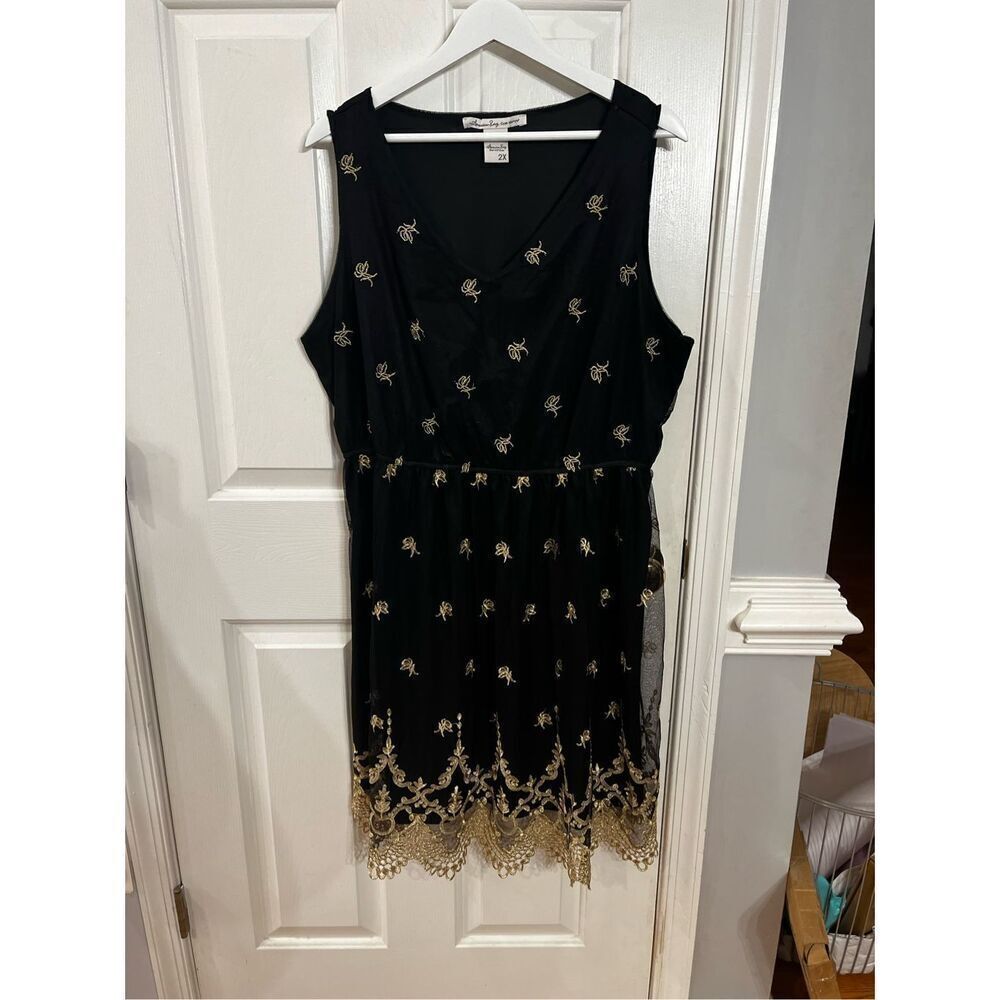 American Rag Black & Gold Embroidered Sleeveless Dress sz 2X EUC